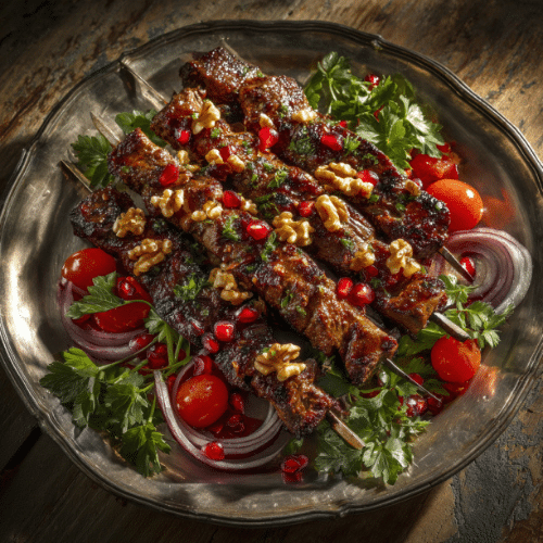 Pomegranate Walnut Beef Skewers