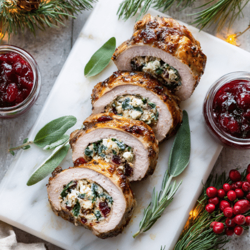 Stuffed Pork Tenderloin with Cranberry Spinach and Feta