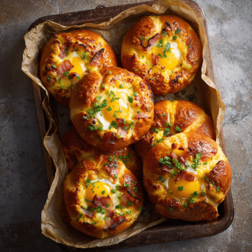 Cheesy Brioche Breakfast Buns with Bacon & Egg