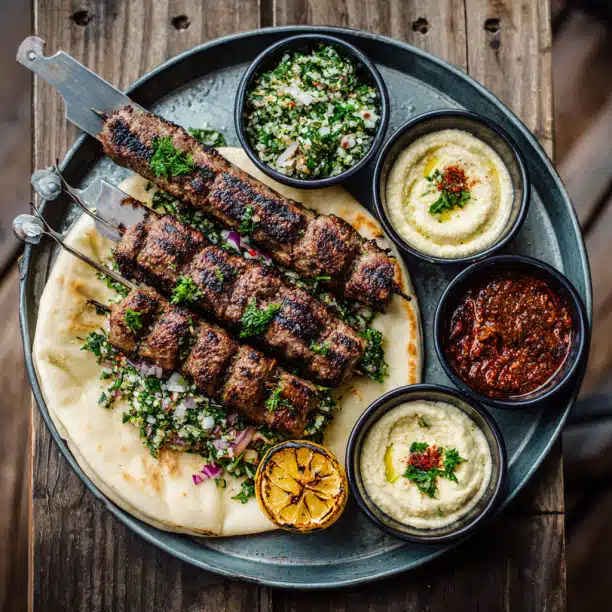 Grilled Beef Kofta Skewers with Tabbouleh & Dips