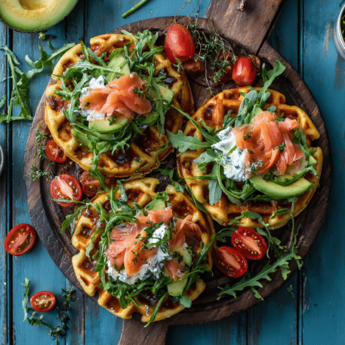 Savory Waffles with Avocado, Smoked Salmon & Arugula