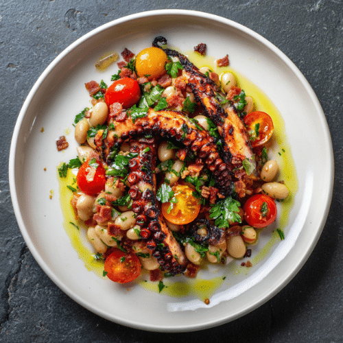Grilled Octopus with Heirloom Tomato & White Bean Salad