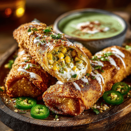 Mexican Street Corn Egg Rolls with Jalapeño Crema