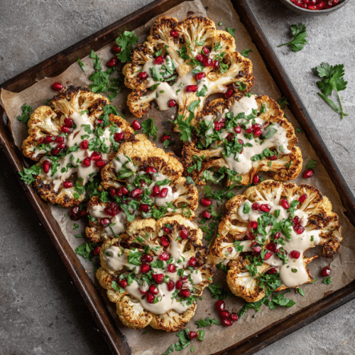 Roasted Cauliflower Steaks with Tahini Drizzle & Pomegranate