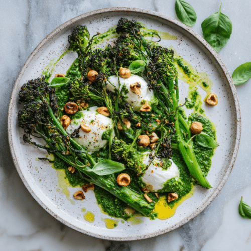 Grilled Broccolini with Burrata and Basil Hazelnut Pesto
