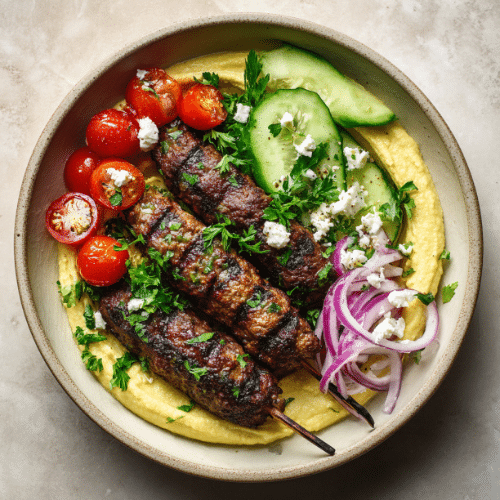Grilled Beef Kofta Bowls with Hummus & Veggies