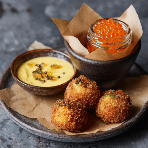 Crispy Salmon Croquettes with Yuzu Cream & Ikura