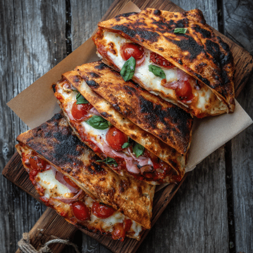 Crispy Pizza Dough Folded Sandwich with Charred Crust & Spicy Tomato Ham Filling
