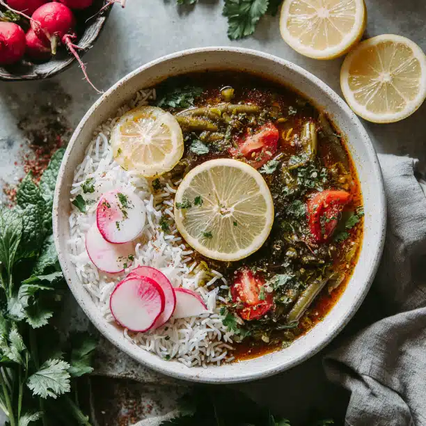 Middle Eastern Green Bean Stew (Loubieh bi Zeit) with Vermicelli Rice