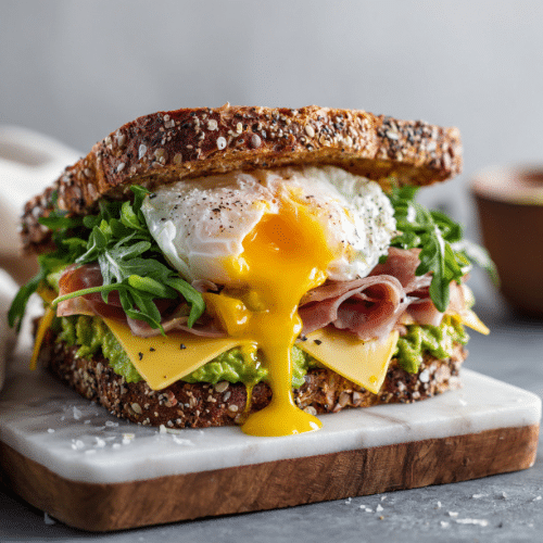 Poached Egg & Prosciutto Breakfast Sandwich on Seeded Bread