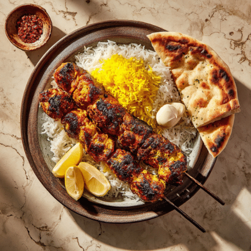 Joojeh Kabob with Saffron Rice and Lavash