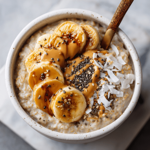 Creamy Coconut Oatmeal with Caramelized Banana & Peanut Butter