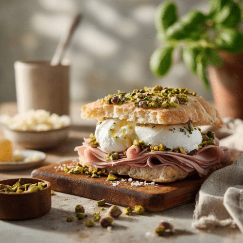 Mortadella, Burrata & Pistachio Focaccia Sandwich