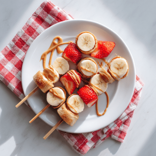 Peanut Butter & Fruit Pancake Skewers