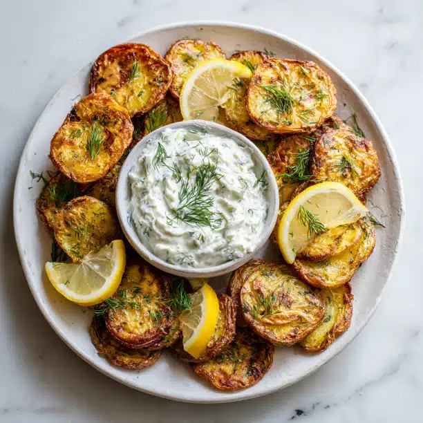 Crispy Lemon Potatoes with Dill Ricotta Dip