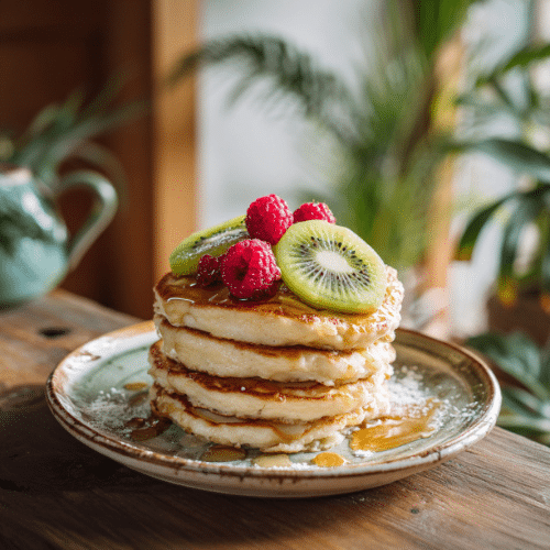 Fluffy Pancakes with Fresh Fruit and Maple Drizzle