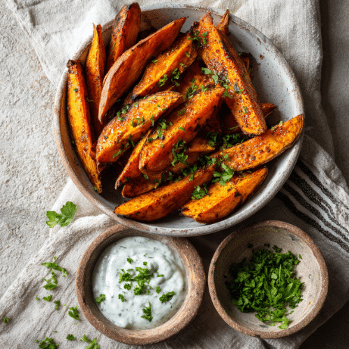 Crispy Baked Sweet Potato Wedges with Herbed Yogurt Dip