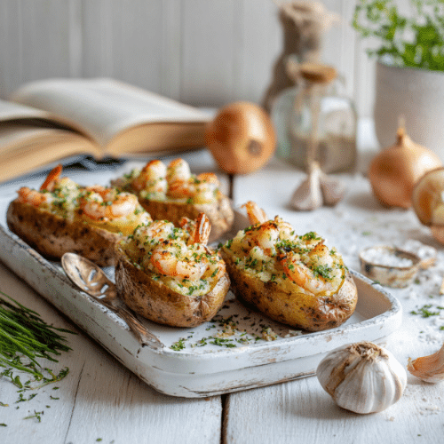 Baked Potatoes with Prawns and Herb Butter