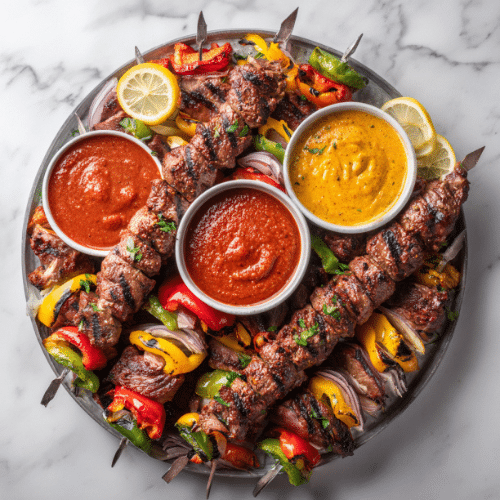 Grilled Beef Skewers with Peppers and Spicy Onion Sauce