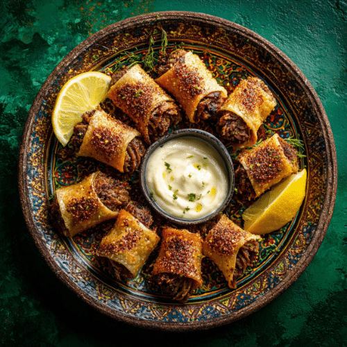 Crispy Baked Beef Sambousek Rolls with Yogurt Sumac Dip