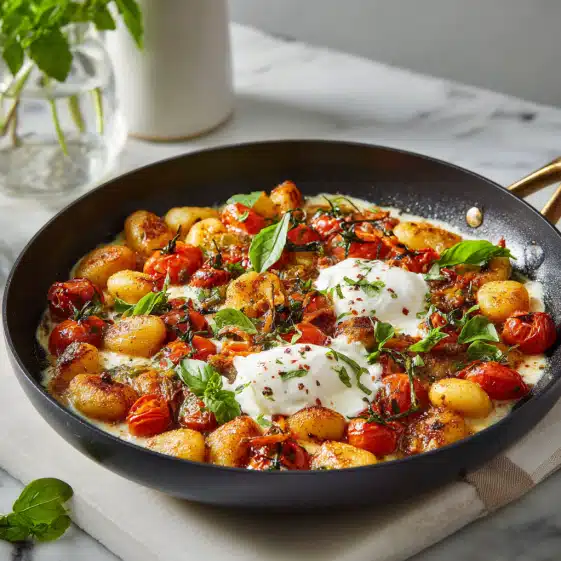 Creamy Tomato Burrata Gnocchi Skillet