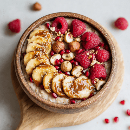 Caramelized Banana & Raspberry Oatmeal Bowl