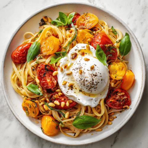 Burrata Pasta with Roasted Cherry Tomatoes and Pine Nuts