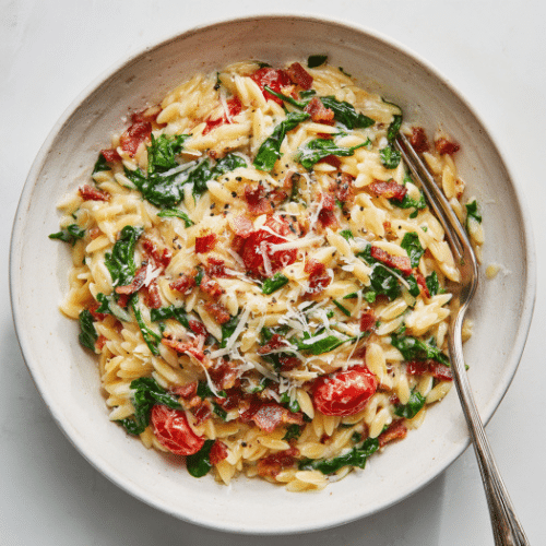 Creamy Orzo with Spinach, Tomatoes & Pancetta
