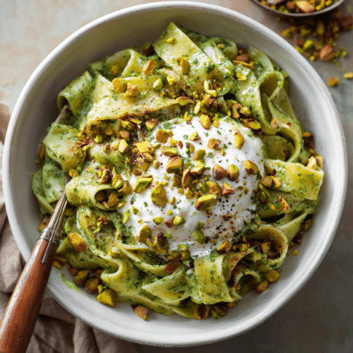 Pistachio Pesto Pappardelle with Burrata