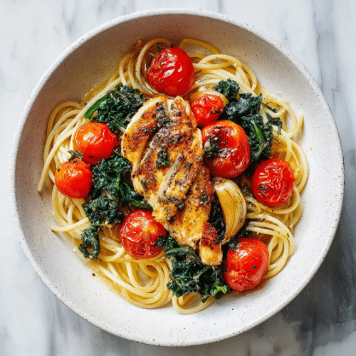 Garlic Herb Chicken Pasta with Blistered Tomatoes and Kale