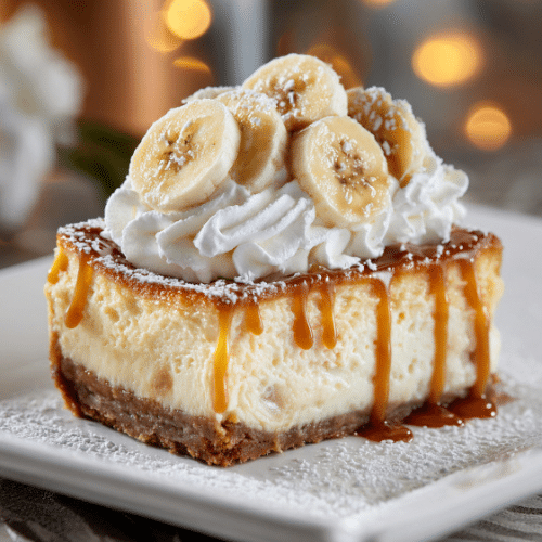 Banana Cream Cheesecake with Caramel Drizzle