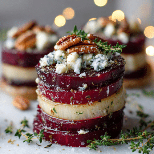 Beet, Pear & Blue Cheese Stacks with Pecans