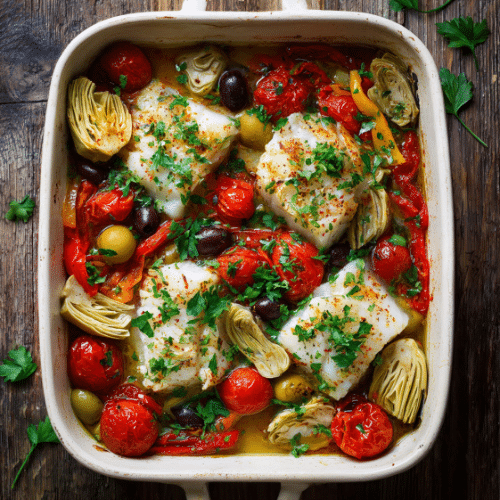 Mediterranean Baked Cod with Vegetables