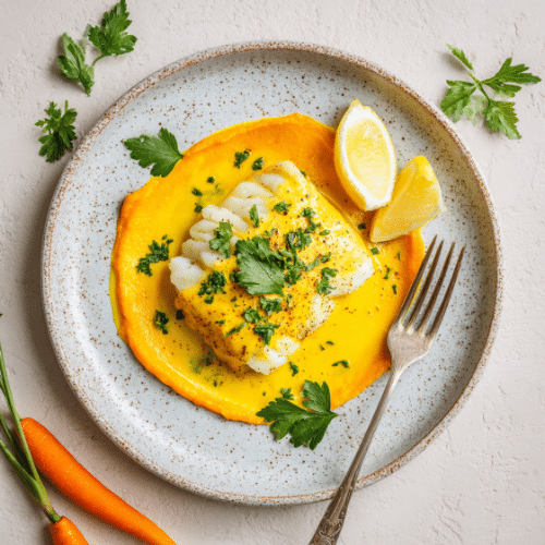 Turmeric Cod with Carrot Ginger Purée