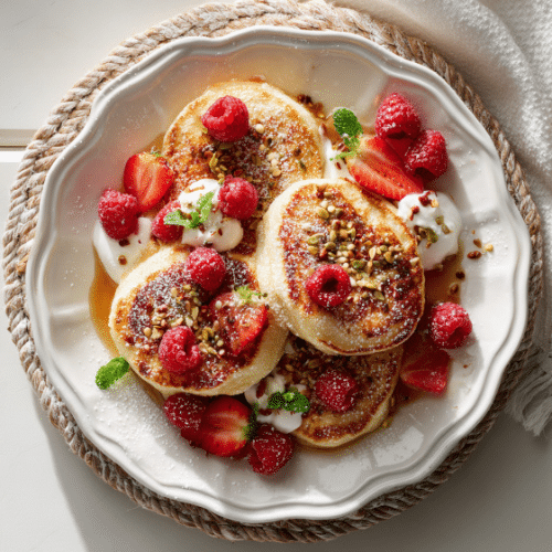 Fluffy Ricotta Pancakes with Berries, Yogurt & Honey