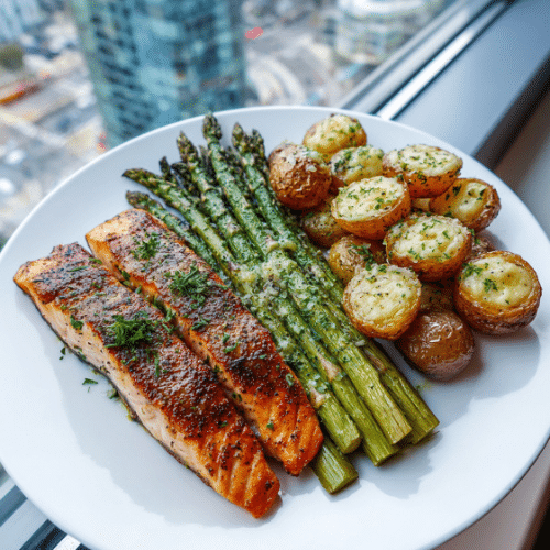 Garlic Butter Salmon with Roasted Baby Potatoes & Cheesy Asparagus