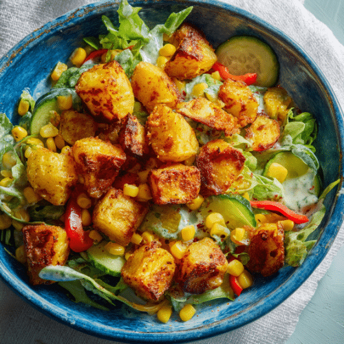 Crispy Spiced Potatoes with Creamy Garden Salad