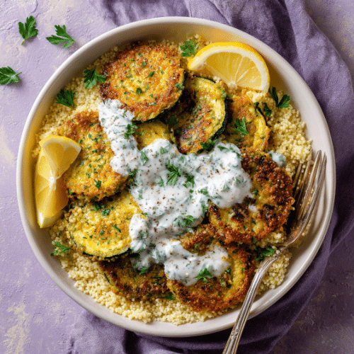 Zucchini Fritters with Herbed Yogurt Sauce & Couscous