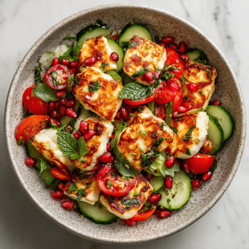 Grilled Halloumi Salad with Pomegranate and Fresh Herbs