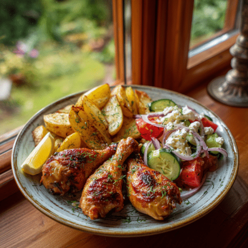 Lemon Herb Chicken Drumsticks with Roasted Potatoes & Greek Salad