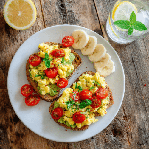 Avocado Toast with Scrambled Eggs and Banana Slices