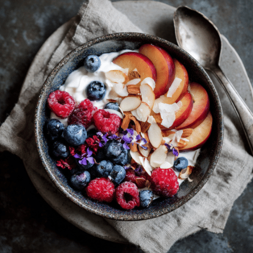 Yogurt Bowl with Berries, Plum, Coconut, and Almonds