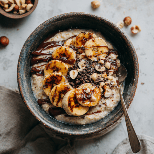 Caramelized Banana Oatmeal with Hazelnuts & Almond Butter