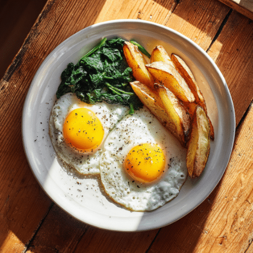 Crispy Breakfast Potatoes with Sautéed Greens & Sunny Eggs