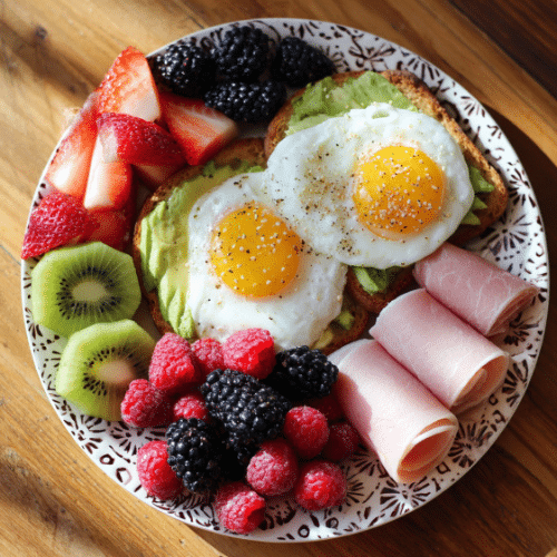 Balanced Breakfast Plate with Sunny-Side Eggs & Fresh Fruits
