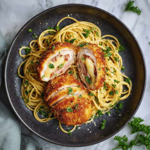 Crispy Chicken Cordon Bleu with Garlic Butter Spaghetti