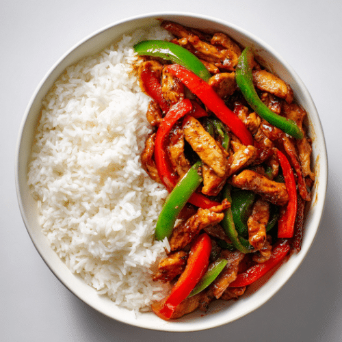 Stir-Fried Pepper Chicken with Steamed Rice