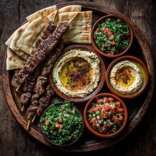 Grilled Lamb Skewers Mezze Platter