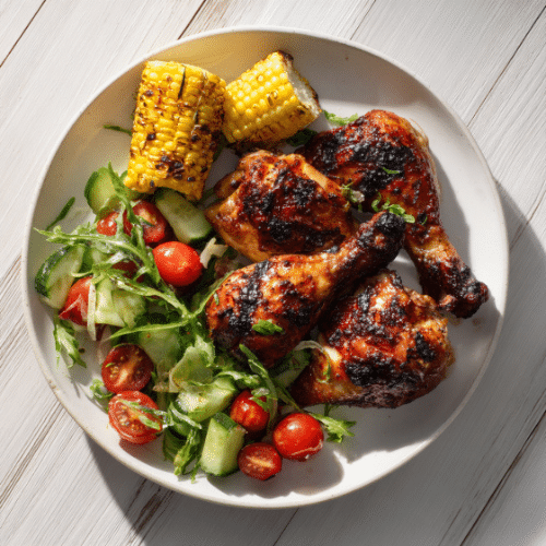 Grilled BBQ Chicken Drumsticks with Summer Veggie Salad
