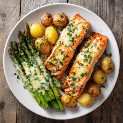 Garlic Butter Salmon with Roasted Potatoes & Cheesy Asparagus